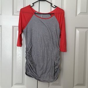 Belly By Design Maternity Tee Stretch Ruched Coral Black white Stripe M
